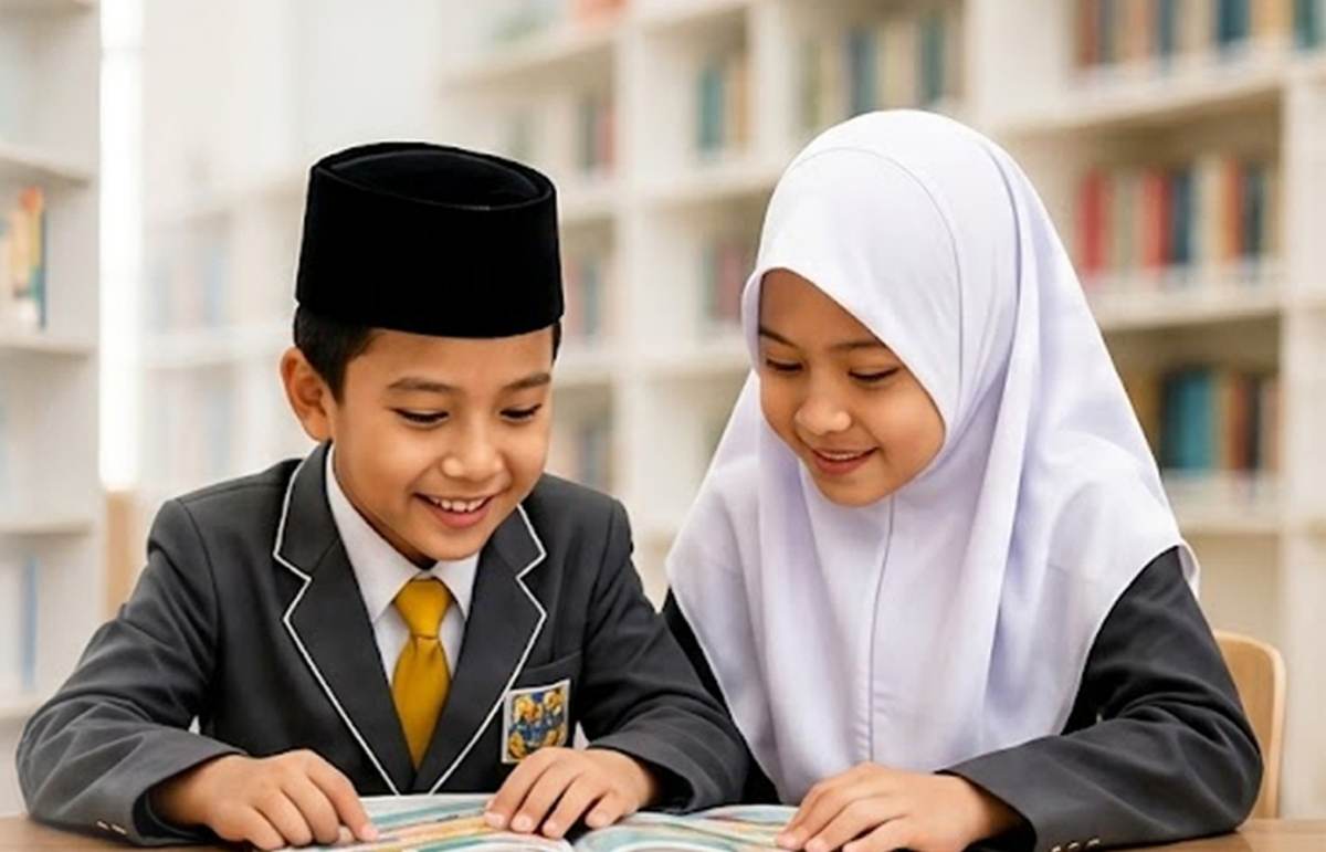 QIIS primary students reading together in school uniform